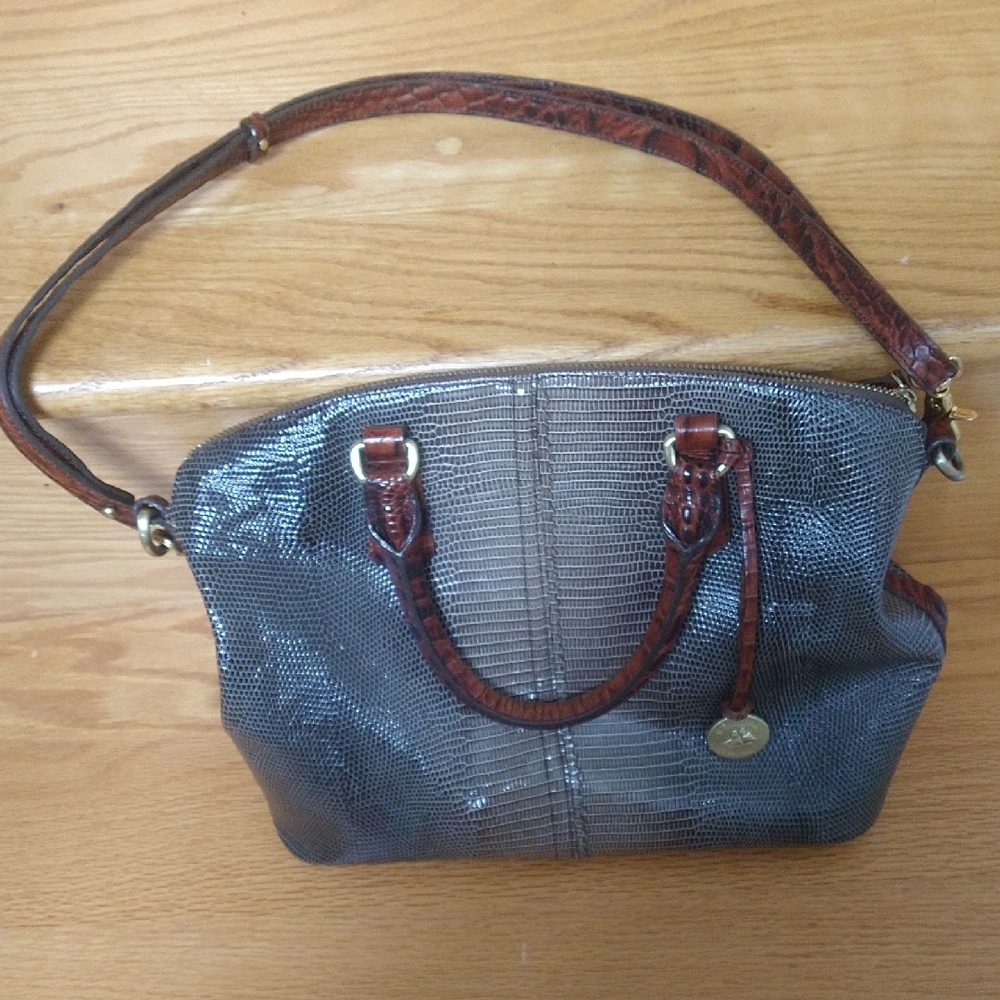 Brahmin Gray and Brown Shoulder Bag with Structured Design